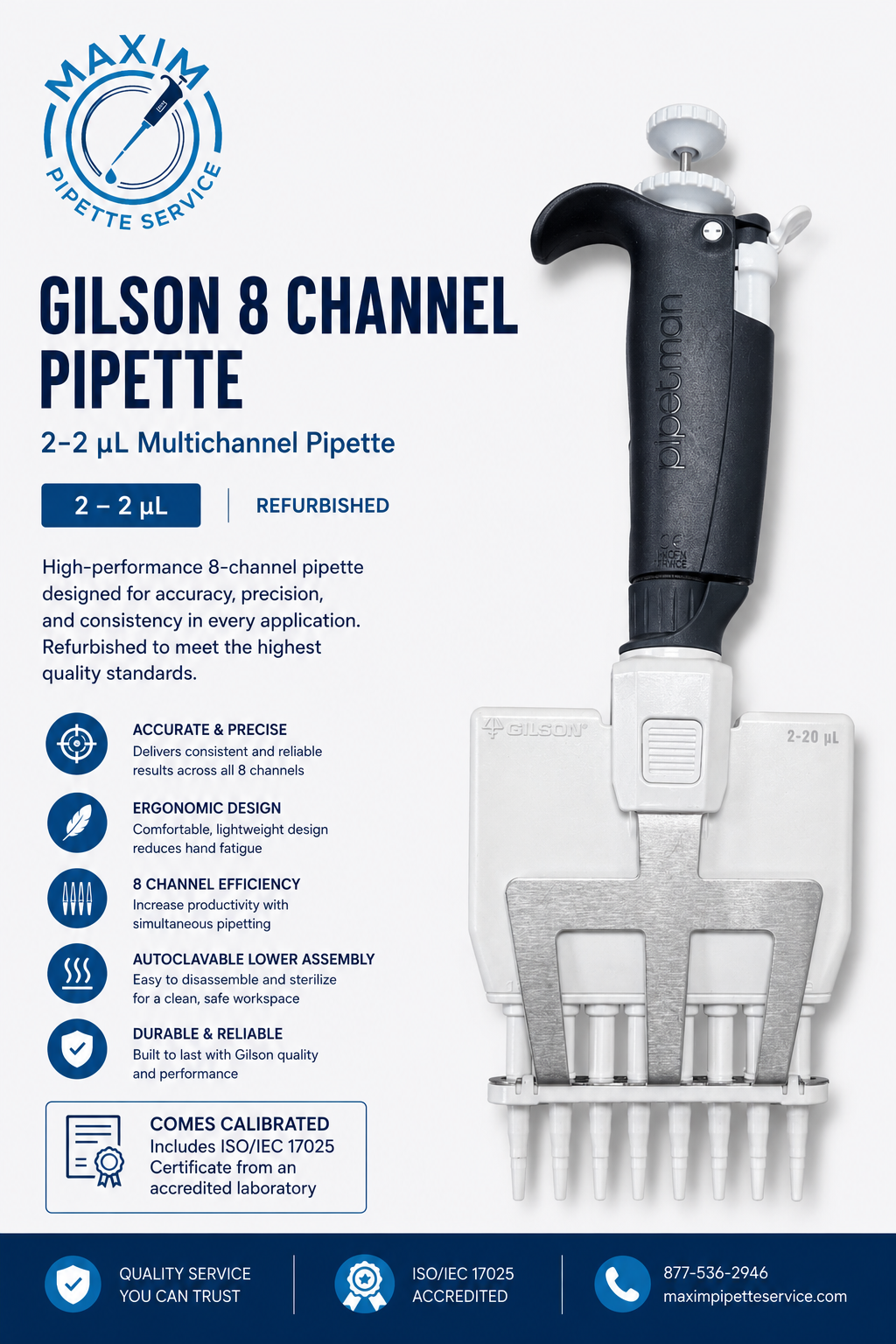 Gilson Pipetman 8-Channel Adjustable Micropipette (2–20 µL) – Refurbished